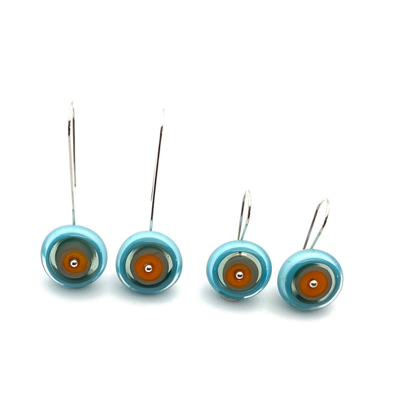 Long or Short circle earrings in orange and turquoise glass. Dangle drop earrings.