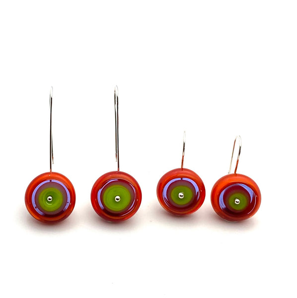 Long or Short Circle Earrings in red Orange, Chartreuse, Lavender Glass and Sterling Silver