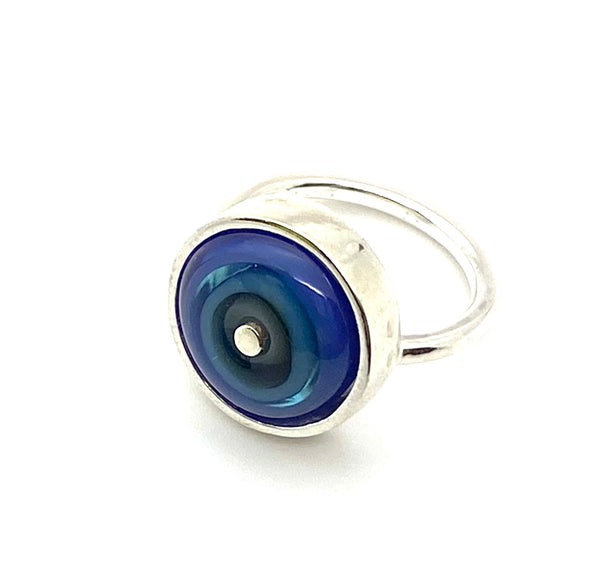 Small Circle Ring in Violet, Turquoise, and Gray Glass and Sterling Silver US Size 5.75, 6.5,  and 7.75