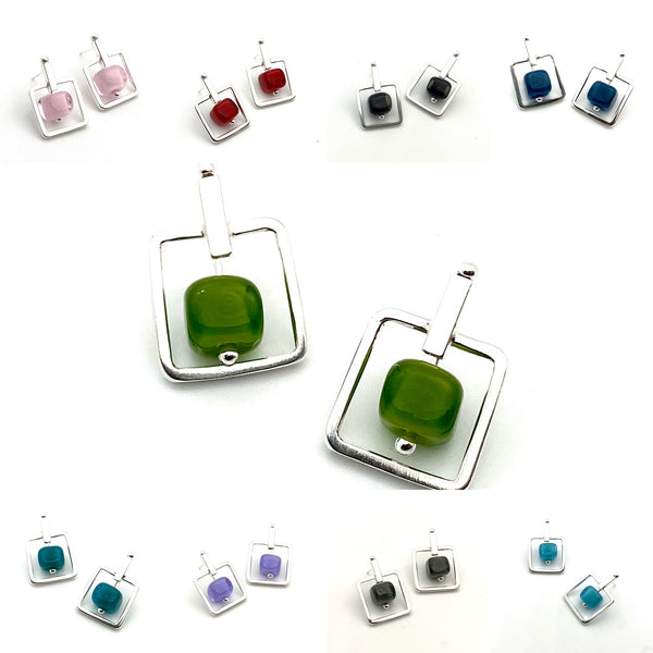 Square Stem Earrings Glass Cube And Sterling Silver in Turquoise Aqua, White, Lavender, Teal, Gray, Black, Pink, and Red