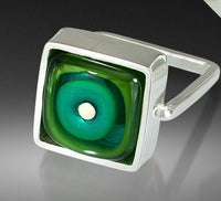 Square Ring in Green and Teal Glass and Sterling Silver Framed Square Ring Shank US Size 6