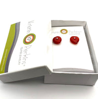 Glass Heart Stud Earrings in Red Glass and Silver