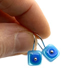 Tiny Square Dangle Earrings in Blue and Turquoise Glass and Sterling Silver