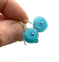 Short Heart Earrings in turquoise aqua glass sterling silver