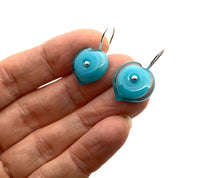 Short Heart Earrings in turquoise aqua glass sterling silver