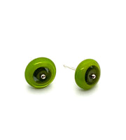 Circle Stud Earrings Medium Green and Gray Glass and Sterling Silver