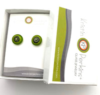 Circle Stud Earrings Medium Green and Gray Glass and Sterling Silver