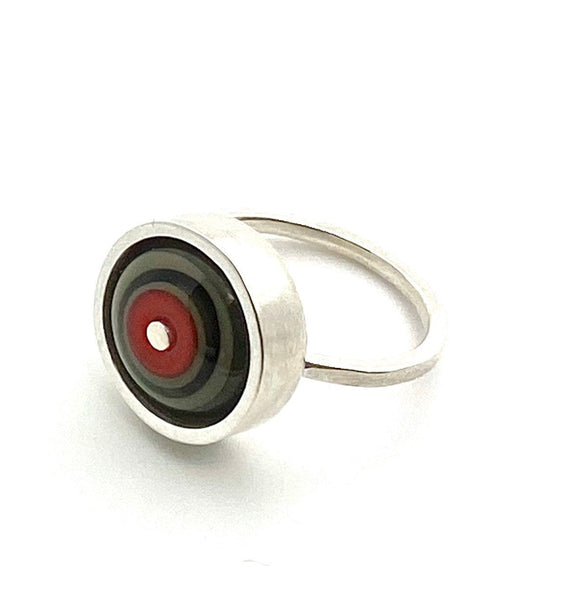 Simple Circle Ring in Red and Gray Glass and Sterling Silver Framed US Size 9