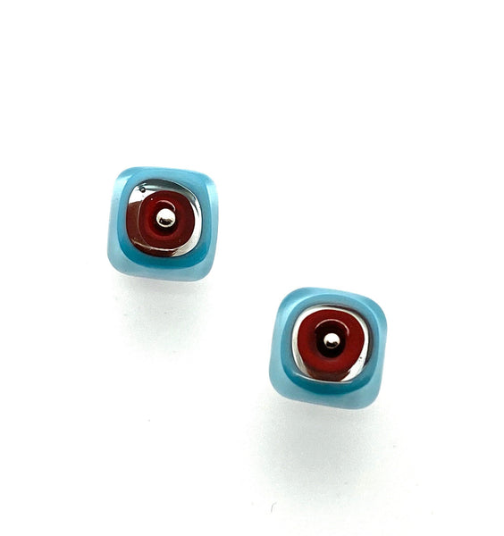 Large Glass Square Stud Earrings in Red and Turquoise Glass and Sterling Silver