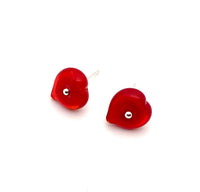 Glass Heart Stud Earrings in Red Glass and Silver