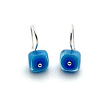 Tiny Square Dangle Earrings in Blue and Turquoise Glass and Sterling Silver