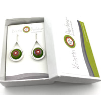 Short Modern Raindrop Earrings in Orange Red, Lavender, and Green Glass and Sterling Silver