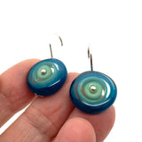 Short Circle Earrings in Mint Green, Turquoise, and Steel Blue  Glass and Sterling Silver