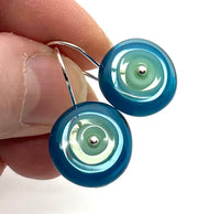 Short Circle Earrings in Mint Green, Turquoise, and Steel Blue  Glass and Sterling Silver