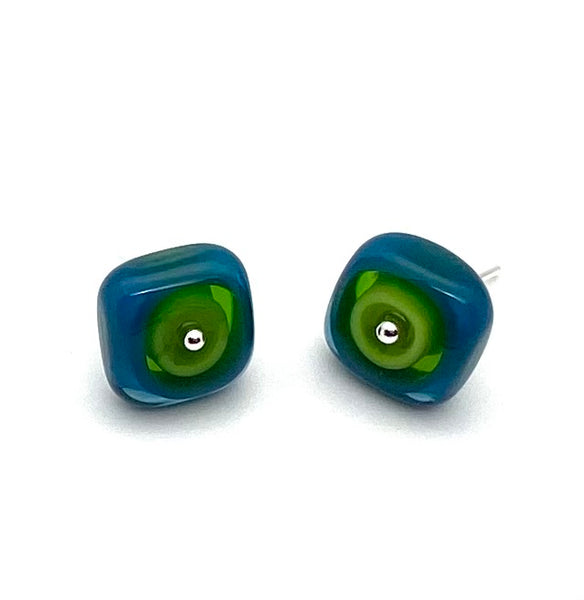 Large Square Stud Earrings in Chartreuse and Navy Glass and Sterling Silver