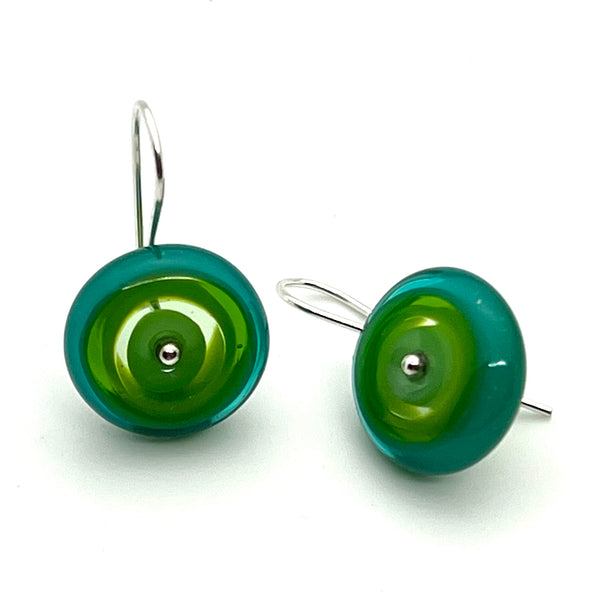 Dangle Earrings in Green and TealGlass and Sterling Silver