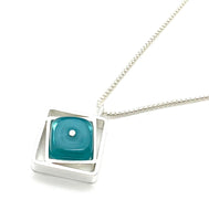 Small Offset Square Necklace in Turquoise Aqua Glass and Sterling Silver