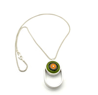 Oblong Circle Necklace in Orange, Green, and Gray Glass and Sterling Silver