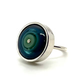 Larger Circle Ring In Mint Green, Turquoise, and Steel Blue Glass and Sterling Silver Framed US Size 8