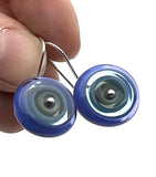 Short Circle Earrings in Gray, Turquoise, and Violet Glass and Sterling Silver