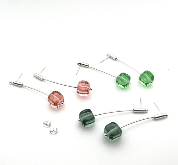 Long Cube Stem Earrings in Glass and Sterling Silver - Choice of Colors Including Clear