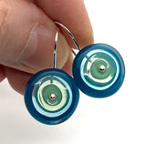 Short Circle Earrings in Mint Green, Turquoise, and Steel Blue  Glass and Sterling Silver