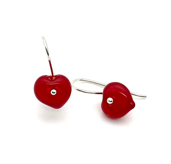 Tiny Heart Dangle Earrings in Red Glass and Silver