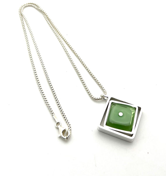 Medium Offset Square Necklace in Mint Green Glass and Sterling Silver