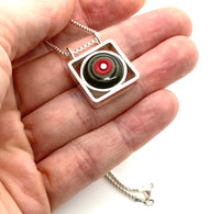 Circle in Square Necklace in Red and Gray Glass and Sterling Silver