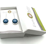 Framed Circle Earrings in Turquoise, Blue, and Steel Blue Glass and Sterling Silver