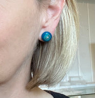 Circle Stud Earrings in Mint Green, Turquoise, and Steel Blue Glass and Sterling Silver