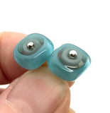 Large Square Stud Earrings in Gray and Turquoise Glass and Sterling Silver