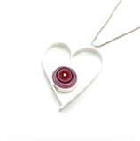 Large Heart Necklace in Red and Pink Glass and Sterling Silver Framed