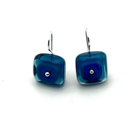 Square Drop Earrings Large Blue and Steel Blue Glass