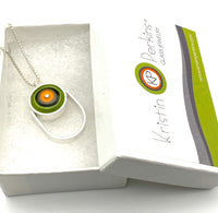 Oblong Circle Necklace in Orange, Green, and Gray Glass and Sterling Silver