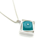 Small Offset Square Necklace in Turquoise Aqua Glass and Sterling Silver