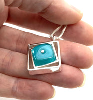 Small Offset Square Necklace in Turquoise Aqua Glass and Sterling Silver