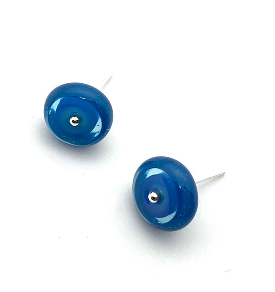 Circle Stud Earrings in Turquoise, Blue, and Steel Blue Glass and Sterling Silver
