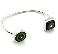 Double Sided Cuff Bracelet In Green and Gray Glass and Sterling Silver
