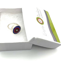 Large Circle Ring In Red Orange, Gray, and Lavender Violet Glass and Sterling Silver Framed US Size 7.5