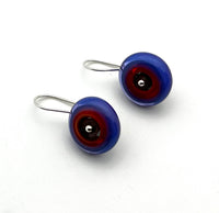 Short Circle Earrings in Red/Orange, Gray, and Lavender/Violet Glass and Sterling Silver