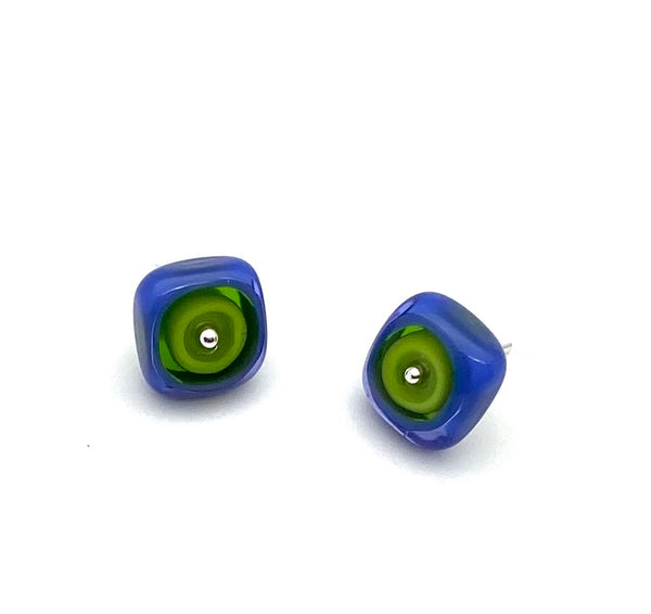 Large Square Stud Earrings in Chartreuse and Violet Glass and Sterling Silver