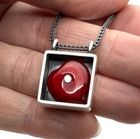 Red Heart Square Necklace in Oxidized Sterling Silver