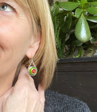 Short Modern Raindrop Earrings in Orange Red, Lavender, and Green Glass and Sterling Silver