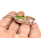 Oblong Circle Necklace in Orange, Green, and Gray Glass and Sterling Silver