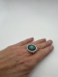 Larger Circle Ring In Mint Green, Turquoise, and Steel Blue Glass and Sterling Silver Framed US Size 8