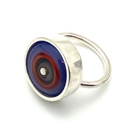 Large Circle Ring In Red Orange, Gray, and Lavender Violet Glass and Sterling Silver Framed US Size 7.5