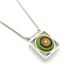 Circle in Square Necklace in Lime Green, Tangerine Orange, and Gray Glass and Sterling Silver