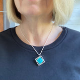 Small Offset Square Necklace in Turquoise Aqua Glass and Sterling Silver