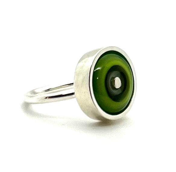 Simple Circle Ring in Green and Gray Glass and Sterling Silver US Size 6